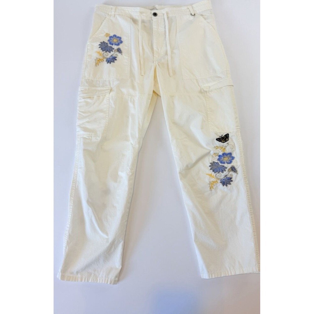 Sundance Embroidered Cargo Pants Womens 16 Ivory Floral Butterfly Utility Boho
